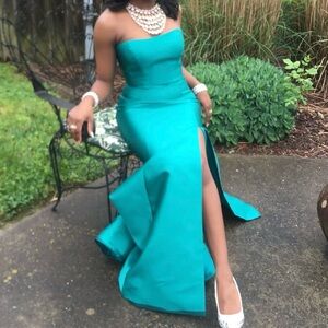 Sherri Hill Teal Strapless Maxi Dress